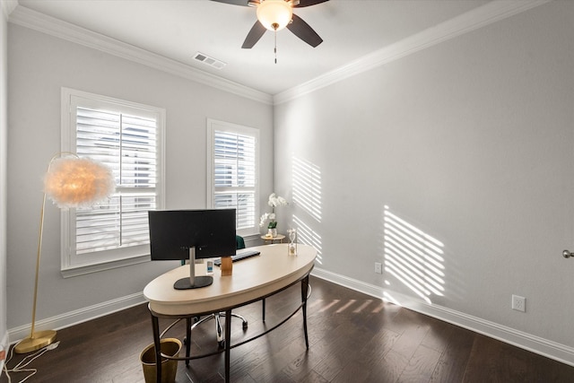 office area with ceiling fan, dark hardwood / wood-style floors, and ornamental molding