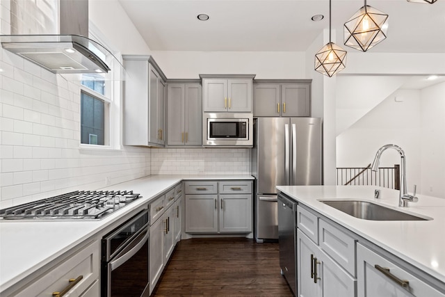 kitchen featuring hanging light fixtures, island exhaust hood, backsplash, appliances with stainless steel finishes, and sink