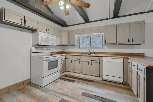 kitchen featuring sink, vaulted ceiling with beams, white appliances, ceiling fan, and light wood-type flooring