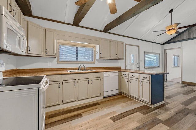 kitchen with white appliances, kitchen peninsula, light hardwood / wood-style floors, vaulted ceiling with beams, and sink