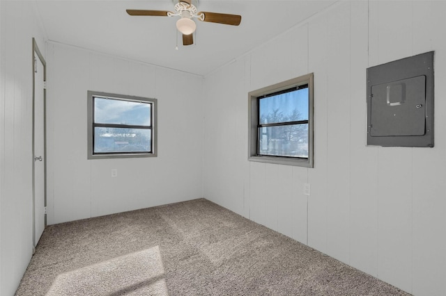 carpeted empty room featuring electric panel, wooden walls, and a wealth of natural light