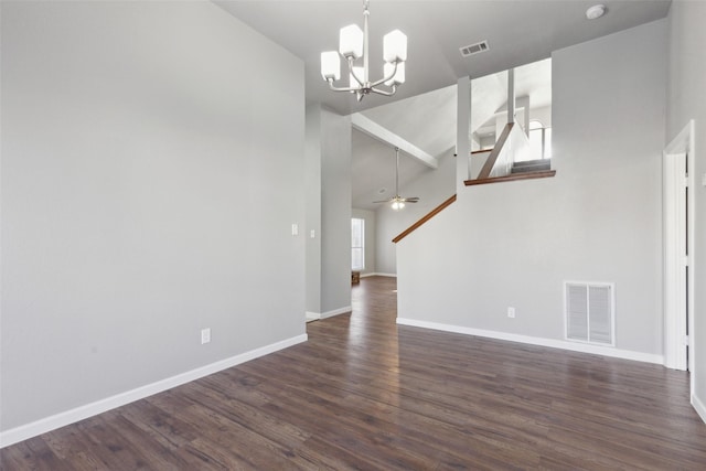 unfurnished living room featuring ceiling fan with notable chandelier, high vaulted ceiling, dark hardwood / wood-style flooring, and beamed ceiling