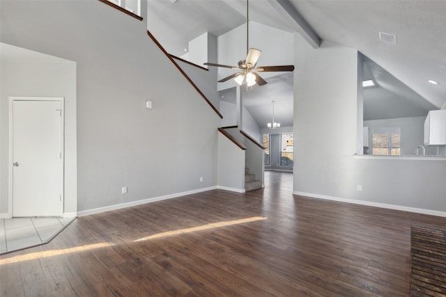 unfurnished living room featuring high vaulted ceiling, ceiling fan, beamed ceiling, and dark wood-type flooring