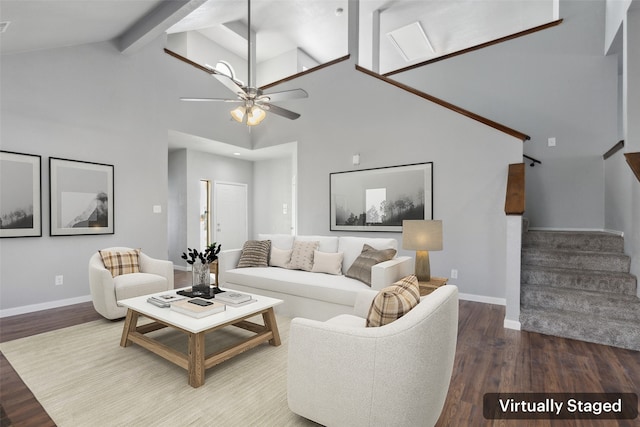 living room featuring ceiling fan, high vaulted ceiling, beamed ceiling, and wood-type flooring