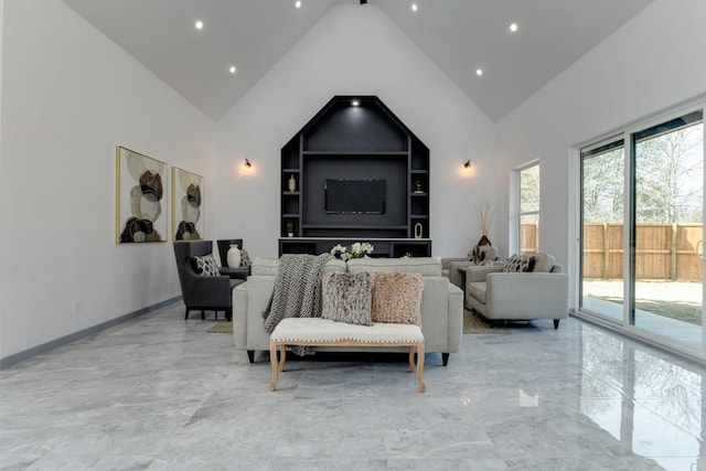 bedroom featuring high vaulted ceiling and access to exterior