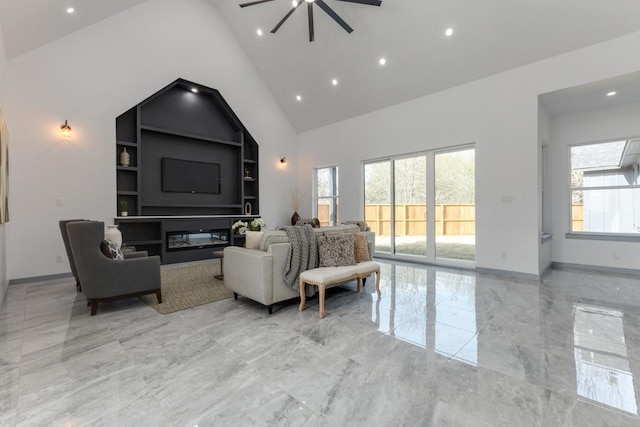 living room featuring built in shelves, high vaulted ceiling, and ceiling fan