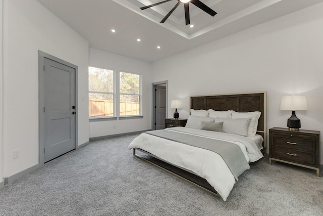 bedroom with light carpet and ceiling fan