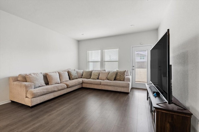 living room with dark hardwood / wood-style floors