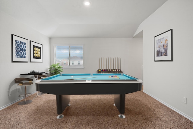 recreation room featuring pool table, lofted ceiling, and carpet floors