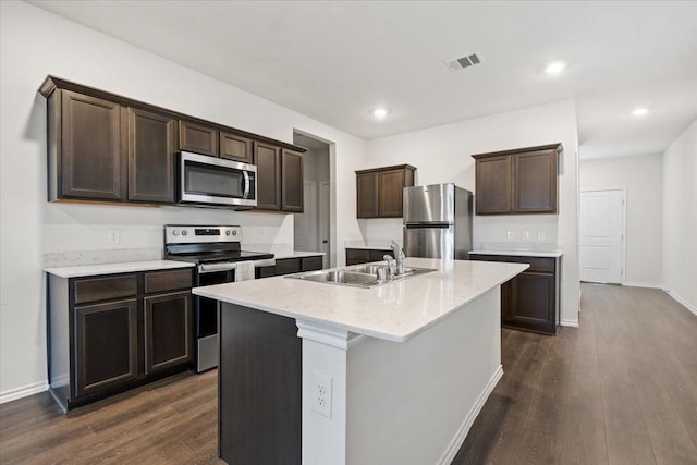 kitchen featuring sink, a center island with sink, dark hardwood / wood-style floors, and appliances with stainless steel finishes