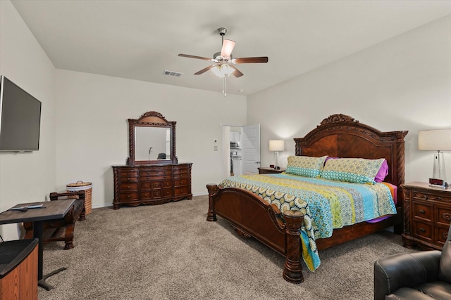 carpeted bedroom featuring ceiling fan