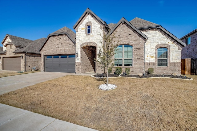 french country inspired facade with a front yard