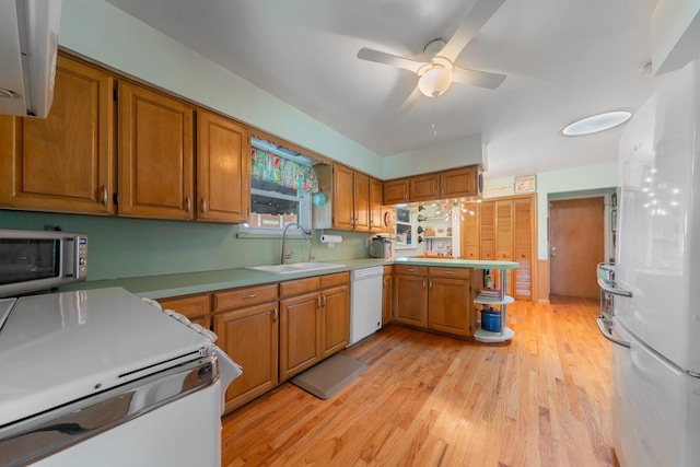 kitchen featuring sink, white appliances, ceiling fan, kitchen peninsula, and light hardwood / wood-style flooring