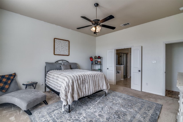 carpeted bedroom featuring ceiling fan