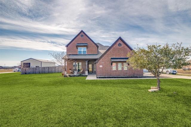 view of front of house featuring covered porch and a front lawn