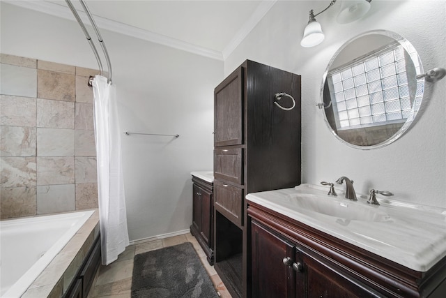 bathroom with tile patterned flooring, shower / bath combo with shower curtain, crown molding, and vanity