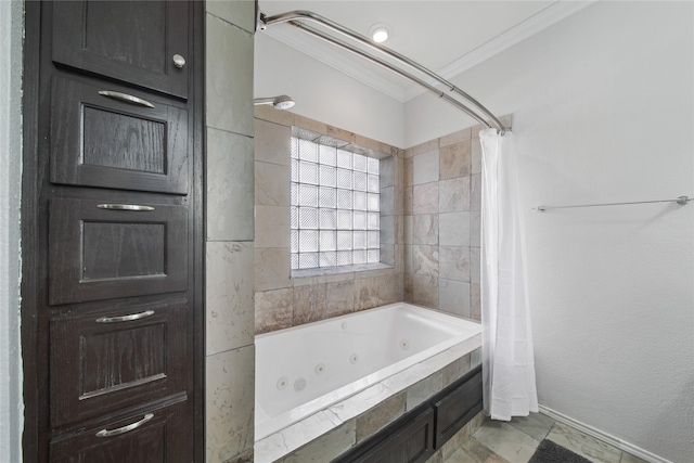 bathroom with ornamental molding and shower / bath combination with curtain