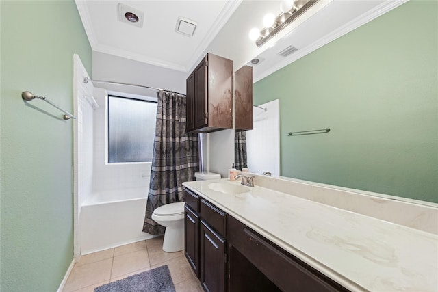 full bathroom with tile patterned flooring, ornamental molding, toilet, shower / bath combo, and vanity