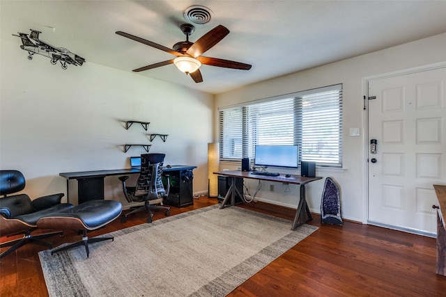 office featuring dark hardwood / wood-style flooring and ceiling fan