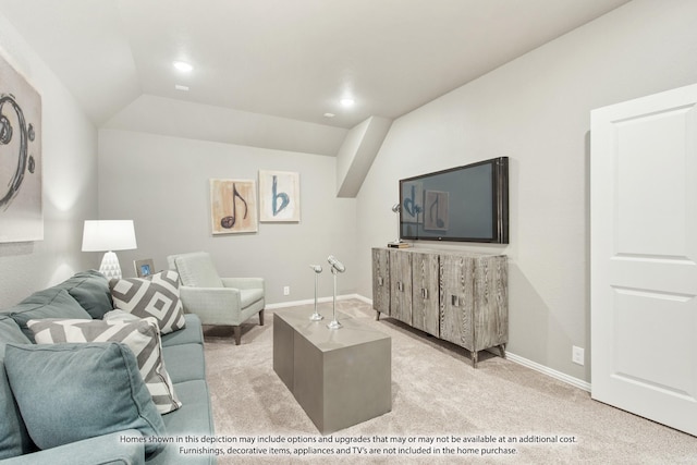 carpeted living room featuring lofted ceiling