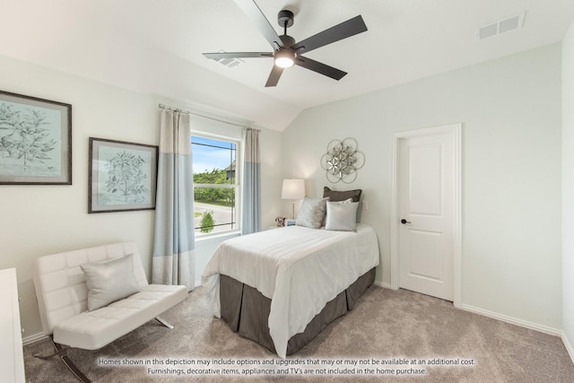 bedroom featuring light colored carpet, ceiling fan, and vaulted ceiling