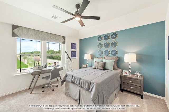 bedroom with ceiling fan and light colored carpet