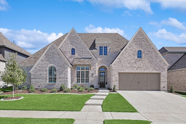 view of front of home with a front yard and a garage