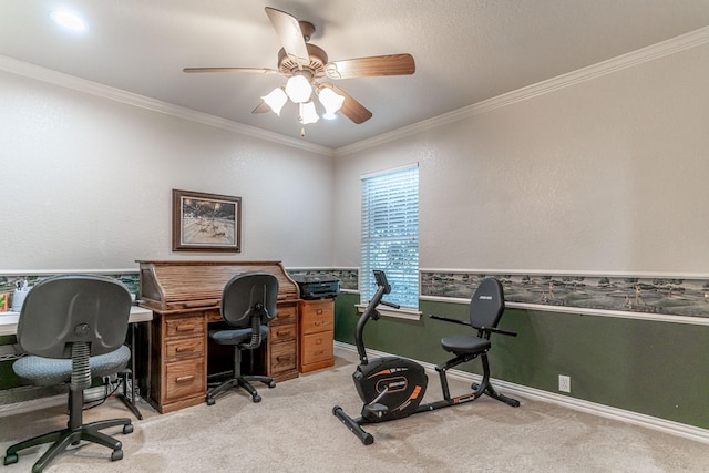 office space featuring ornamental molding, light colored carpet, and ceiling fan