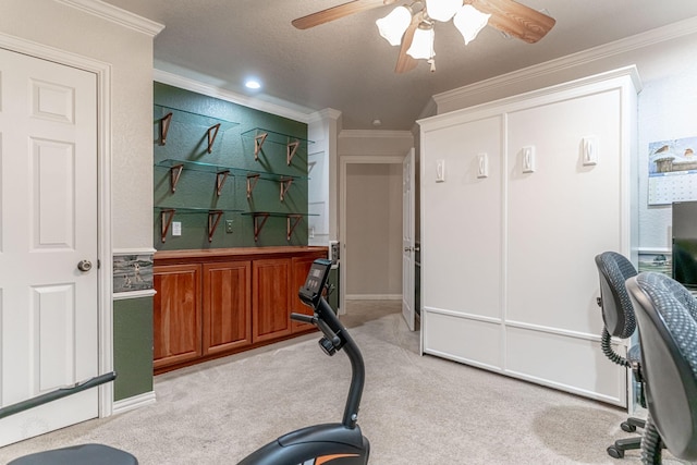 exercise room with a ceiling fan, light colored carpet, and crown molding