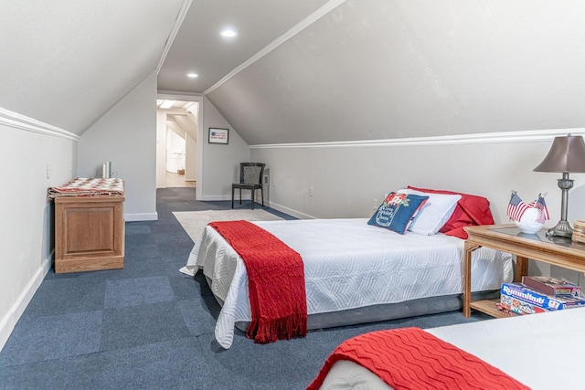 bedroom featuring carpet, baseboards, vaulted ceiling, and recessed lighting