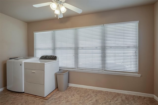 washroom featuring ceiling fan and washing machine and dryer