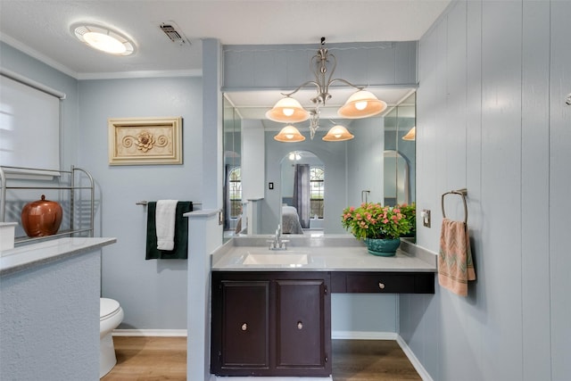 bathroom with vanity, toilet, a chandelier, and hardwood / wood-style floors