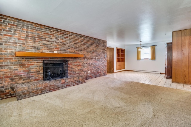 unfurnished living room featuring baseboard heating, a brick fireplace, and light colored carpet