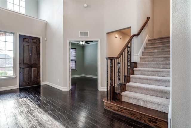 foyer with a high ceiling and dark hardwood / wood-style flooring