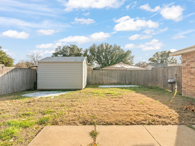 view of yard with a patio and a storage unit