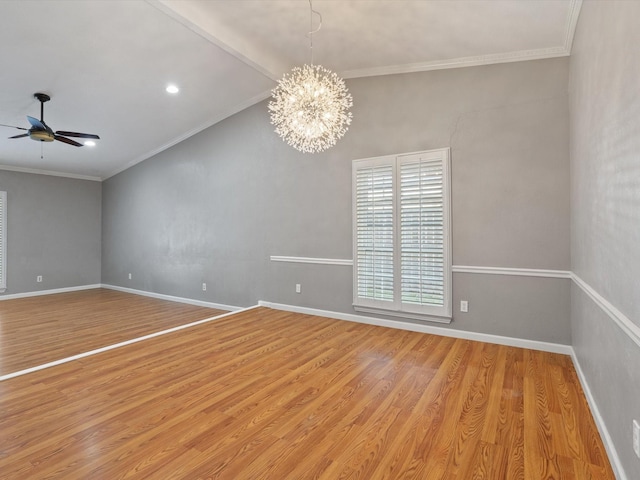 empty room featuring vaulted ceiling with beams, light wood-type flooring, crown molding, and ceiling fan with notable chandelier