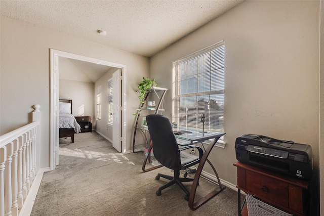 office with a textured ceiling and light colored carpet