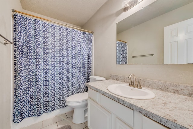 bathroom featuring a textured ceiling, a shower with shower curtain, tile patterned flooring, toilet, and vanity