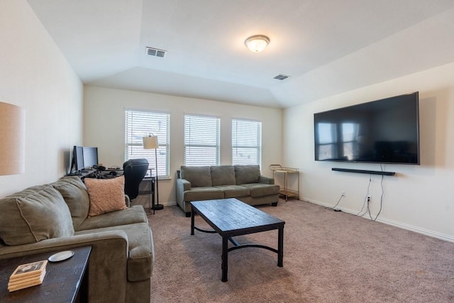 carpeted living room with lofted ceiling and a raised ceiling