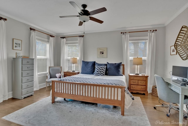 bedroom with ceiling fan, light hardwood / wood-style floors, ornamental molding, and multiple windows