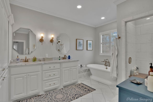 bathroom with vanity, ornamental molding, and plus walk in shower