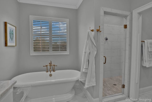 bathroom with independent shower and bath and crown molding