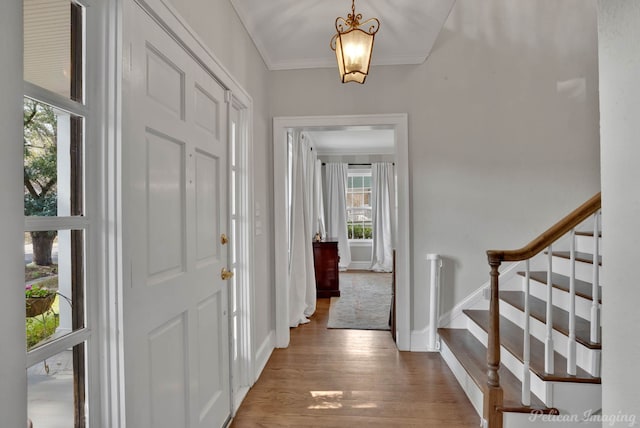 foyer entrance with crown molding and hardwood / wood-style floors