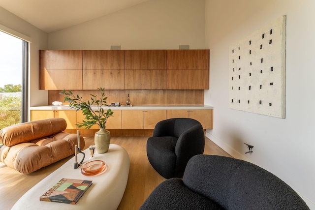 sitting room featuring light hardwood / wood-style floors and vaulted ceiling