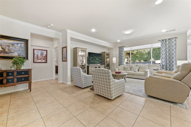 tiled living room featuring ornamental molding