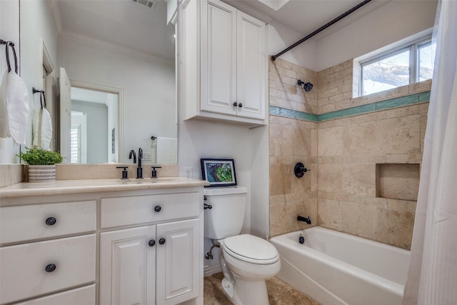 full bathroom with crown molding, shower / bath combo with shower curtain, vanity, and toilet