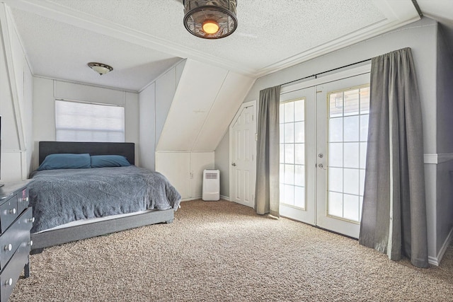 bedroom featuring a textured ceiling, lofted ceiling, french doors, access to outside, and carpet flooring