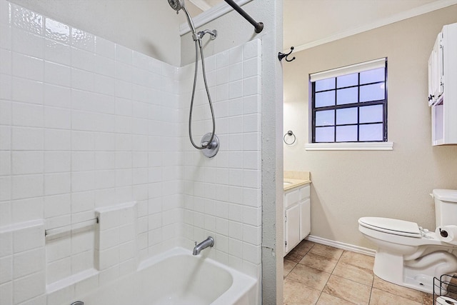 full bathroom with toilet, shower / washtub combination, tile patterned floors, crown molding, and vanity