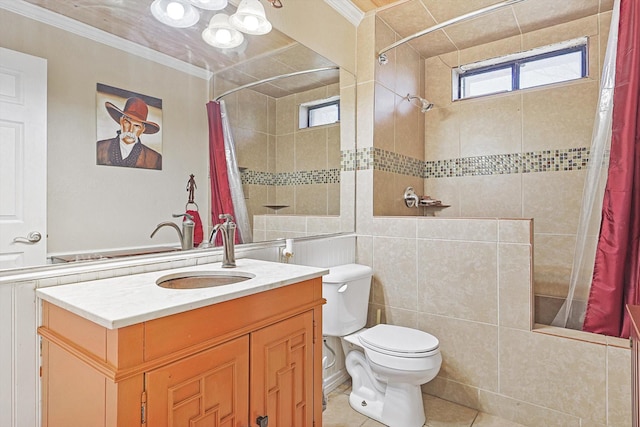 bathroom featuring toilet, vanity, walk in shower, tile patterned flooring, and crown molding