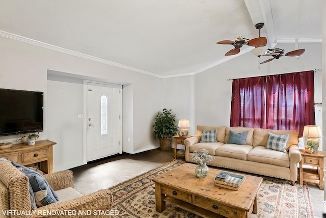 living room featuring vaulted ceiling, ceiling fan, and ornamental molding